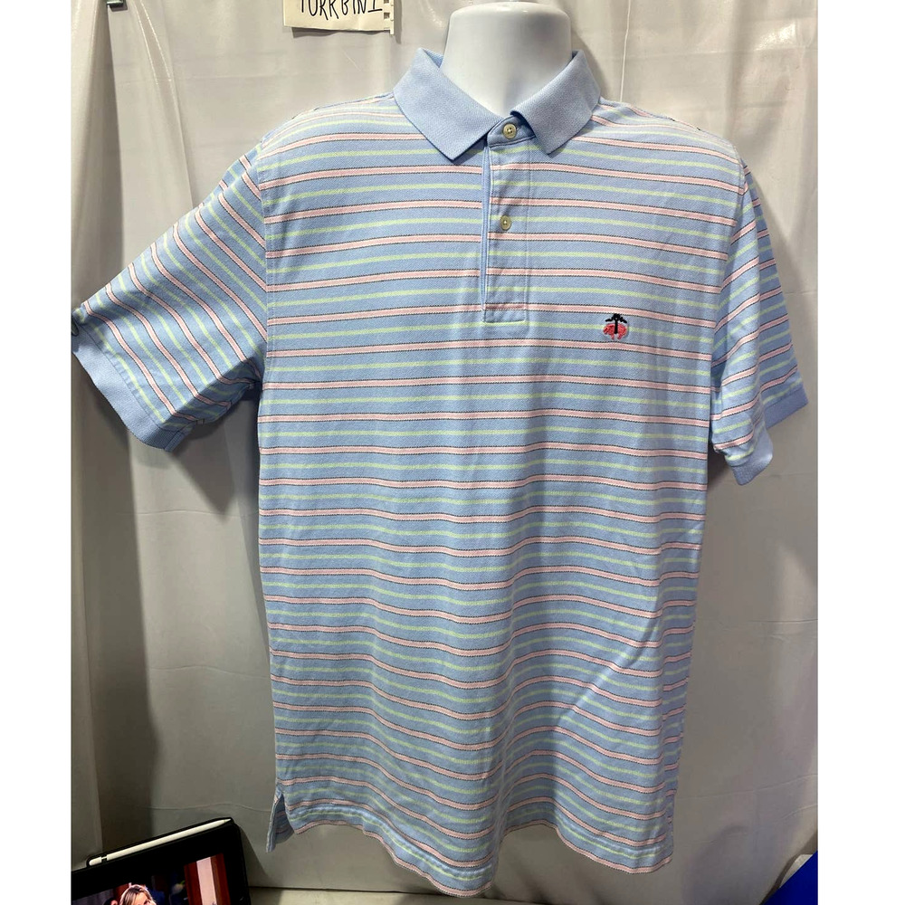 Brooks Brothers Performance Polo Shirt Mens Large Pink Blue Stripe Short Sleeve